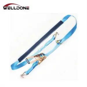 Car transportation wheel tie down strap with grip sleeve