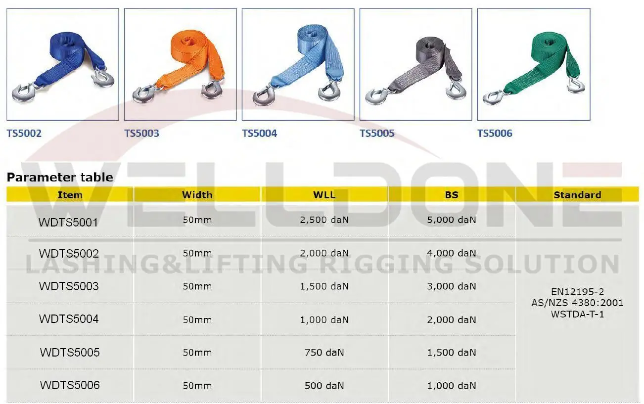 Tow strap with hook specification